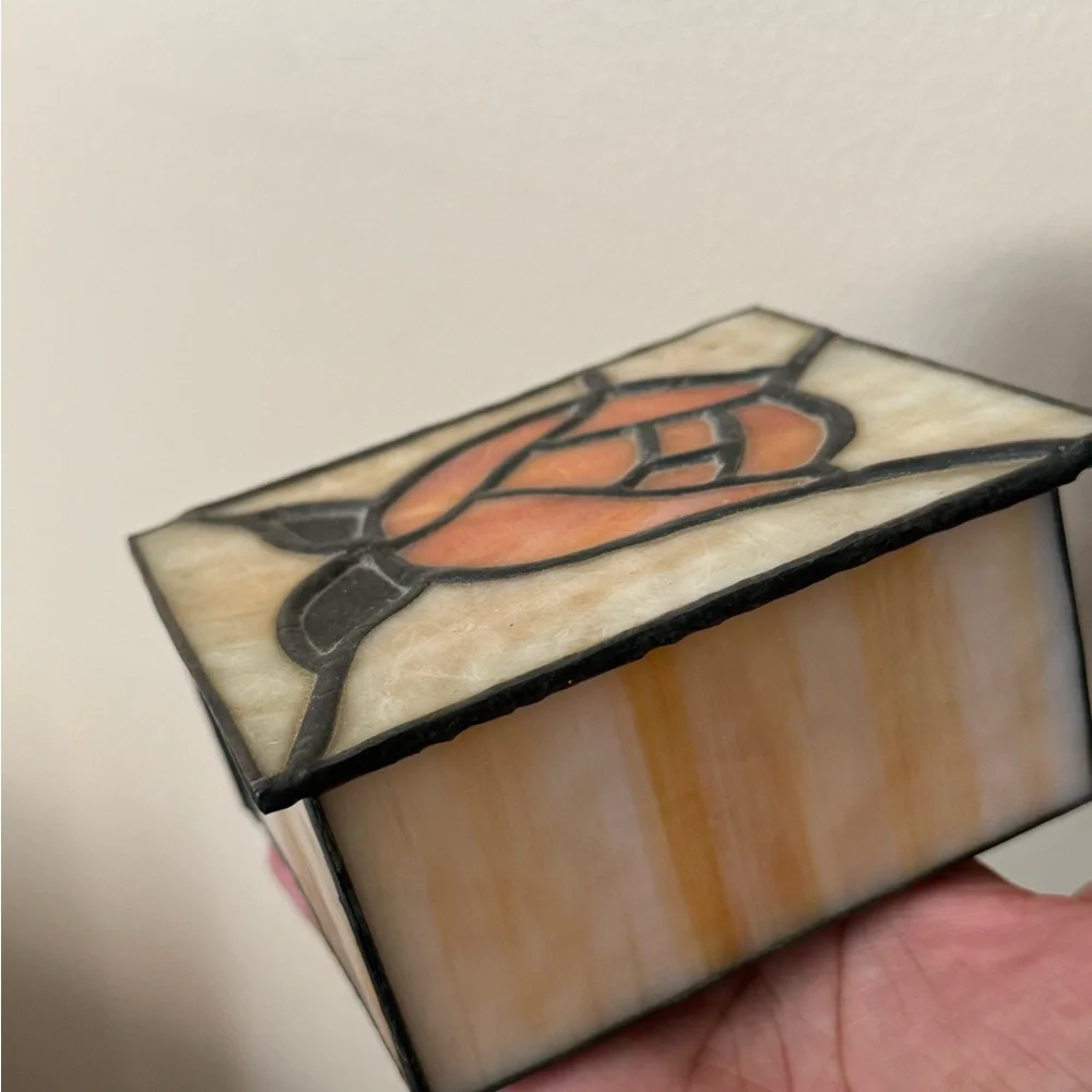 VTG Stained Glass Trinket Box Lovely‎ Tiffany Style Orange Rose Flower 4.5x4” T